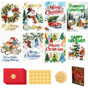 24 Pack Christmas Cards with Envelopes & Stickers, 8 Assorted Watercolor Multi-Color Foil Holiday Designs, 4.3x6.3" Bulk Christmas Cards with Messages Inside, 300gsm Thick Cardstock Boxed Christmas Greeting Cards Set in Saudi Arabia
