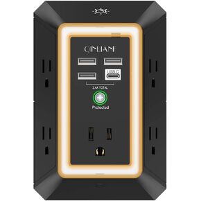شاحن حائط USB، واقي من اندفاع التيار، موسع منافذ كينليانف 5 مع 4 منافذ شحن USB (اجمالي 4.8 امبير) 3 جوانب 1680J شريط طاقة 1680J متعدد المنافذ محول حائط متباعد للمنزل والسفر والمكتب (3U1C) in Kuwait