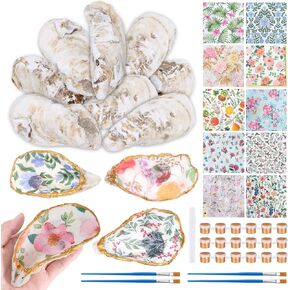 APUDWN 16 Set DIY Oyster Shells for Crafts 4-5 Inch Natural Flat Oyster Shell Kits with Holes Drilled Includes Chinoiserie Floral Decoupage Napkins Paints Twine Brushs for DIY Arts Hanging Ornaments in Saudi Arabia