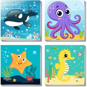 Canrichshop 4 Pack Framed Paint by Numbers Kit for Kids,Cute Sea Animals Painting Kits for Ages 4-6,Easy Paint by Number Kids Paint for Beginner,DIY Acrylic Oil Painting Kit for Wall Decor(8X8inch) in Kuwait