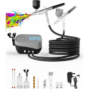 Airbrush Kit with Air Compressor,Dual-Action & Dual-Airflow 50 PSI High Pressure Air Brush with 0.2/0.3/0.5mm Nozzles & Cleaning Sets, for Painting, Nails, Modeling, Makeup, Cake Decor, in Kuwait