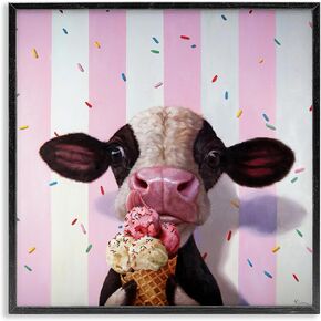 Stupell Industries Cute Baby Cow with Ice Cream Cone Pink Stripes, Designed by Lucia Heffernan Black Framed Wall Art, 12 x 12, Brown in Kuwait