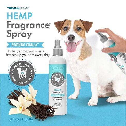 Petkin Hemp Fragrance for Dogs and Cats - With Hemp Oil & Soothing Vanilla Extract, 8 oz - Soothes, Calms & Conditions - Keeps Pet Smelling Great - For Home, Travel & Use on Pet Bedding in Kuwait