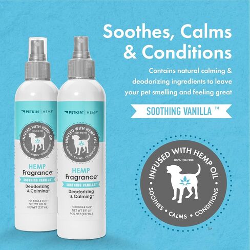 Petkin Hemp Fragrance for Dogs and Cats - With Hemp Oil & Soothing Vanilla Extract, 8 oz - Soothes, Calms & Conditions - Keeps Pet Smelling Great - For Home, Travel & Use on Pet Bedding in Kuwait