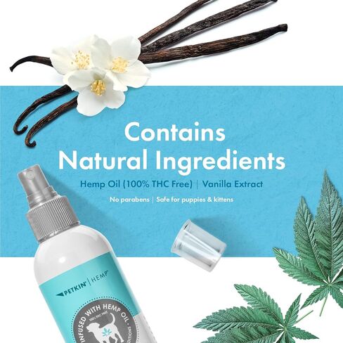 Petkin Hemp Fragrance for Dogs and Cats - With Hemp Oil & Soothing Vanilla Extract, 8 oz - Soothes, Calms & Conditions - Keeps Pet Smelling Great - For Home, Travel & Use on Pet Bedding in Kuwait