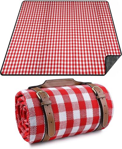 RealPero Extra Large Picnic Blanket Waterproof Camping Mat Rug with PU Carrier Soft Lightweight Portable Outdoor Mat for Travel Lawn Camping on Grass Sand-Proof Beach Red White Plaid in Saudi Arabia