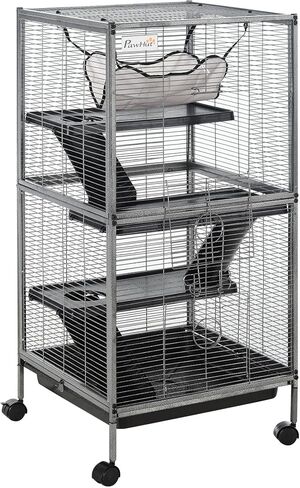 PawHut Metal Small Animal Cage Rolling Big Ferret Cage, Chinchilla Cage, Sugar Glider Cage, with Hammock & 4 Tiers, Removable Tray in Kuwait