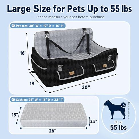 Dog Car Seat for Medium & Large Dogs Up to 55 lbs, Pet Booster Seat with 4 Storage Pockets, Travel Dog Car Bed with Memory Foam Cushion, Reversible Cover, Non-Slip Base for SUV Back Seat in Kuwait