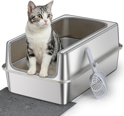 Stainless Steel Litter Box with Metal Lid and Scoop - Enclosed Metal Litter Box for Large Cats, Rust-Resistant, Odor-Control, Easy to Clean, Durable & Long-Lasting with Round Edge (L) in Saudi Arabia