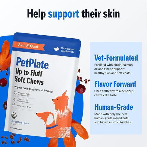 PetPlate Up to Fluff Soft Chews for Dogs, Skin & Coat Support, USDA Organic Supplement, Grain-Free, Human-Grade, Includes Salmon Oil and Biotin, Pet Supplies (Pack of 1, 9.8 Ounce) in Kuwait