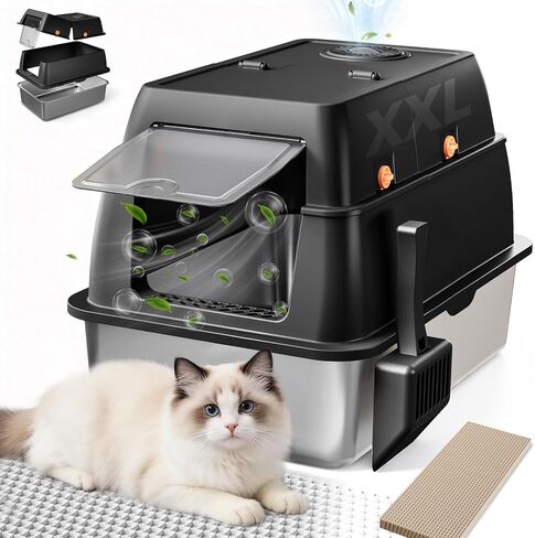 GTPLAYER XXL Stainless Steel Cat Litter Box with Lid, High Sided Enclosed Cat Litter Box, Activated Carbon Odor Control, Extra Large Metal Litter Box, Anti-Leak, with Mat, Scoop & Stickers, Grey in Kuwait
