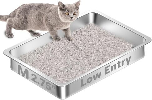 Low Entry Stainless Steel Cat Litter Box for Senior Cats, Metal Shallow Litter Box, Easy Access Kitty Litter Pan Tray, Pet Bathroom Accessories-17.72''Lx 13.78'' W x2.76'' H in Saudi Arabia