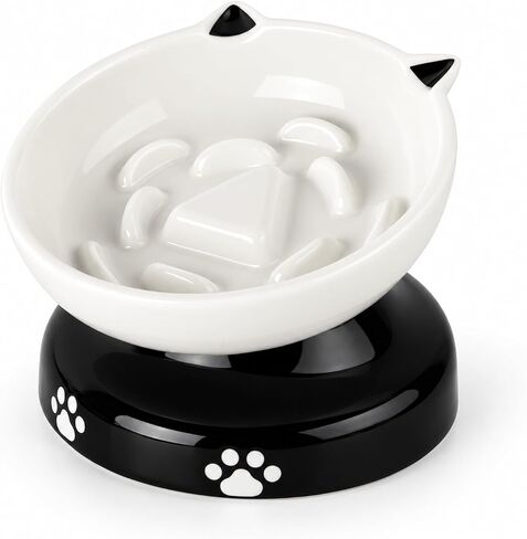 Y YHY Cat Slow Feeder, Elevated Cat Food Bowl Tilted Design, Dog Slow Feeder Bowl no Black Chin, Cat Shape Slow Feeder for Dry and Wet Food in Kuwait