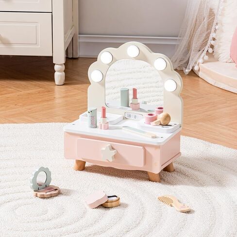ROBOTIME Toddler Vanity Makeup Table Toy with Mirror & Light, Wooden Kids Makeup Vanity Set, Dressing Table with Accessories and Lights, Pretend Makeup Set for Little Girls in Kuwait