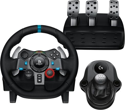 Logitech G29 Driving Force Racing Wheel and Floor Pedals, Real Force Feedback, Stainless Steel Paddle Shifters, Leather Steering Wheel Cover, Adjustable Floor Pedals, EU-Plug, PS4/PS3/PC/Mac, Black in Kuwait