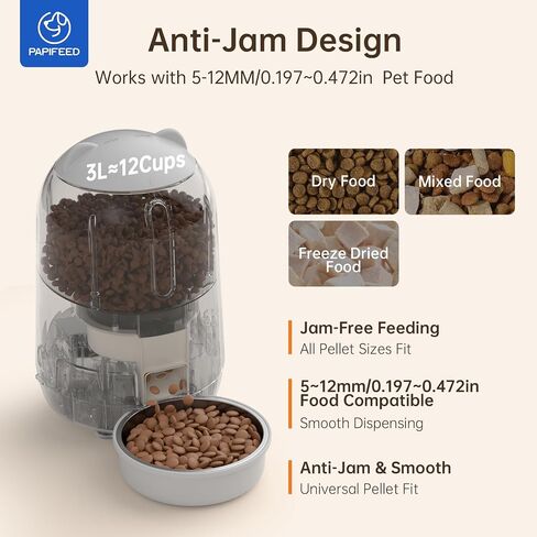 PAPIFEED Automatic Cat Feeder with App, WiFi Auto Cat Feeder, 3L Slow-Feed Cat Food Dispenser for Dry Food, Dual Power Supply Timed Pet Feeder for Cat, 10 Meals/Day, 6 Portions/Meal, Grey in Saudi Arabia