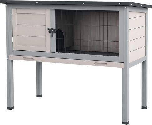 PawHut Elevated Wooden Rabbit Hutch, Indoor/Outdoor Bunny Cage with Hinged Asphalt Roof and Removable Tray for Guinea Pig, Brown in Kuwait
