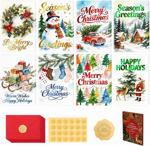 24 Pack Christmas Cards with Envelopes & Stickers, 8 Assorted Watercolor Multi-Color Foil Holiday Designs, 4.3x6.3" Bulk Christmas Cards with Messages Inside, 300gsm Thick Cardstock Boxed Christmas Greeting Cards Set in Saudi Arabia