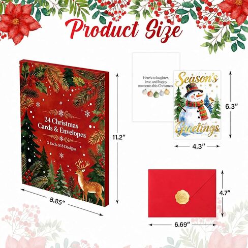 24 Pack Christmas Cards with Envelopes & Stickers, 8 Assorted Watercolor Multi-Color Foil Holiday Designs, 4.3x6.3" Bulk Christmas Cards with Messages Inside, 300gsm Thick Cardstock Boxed Christmas Greeting Cards Set in Saudi Arabia