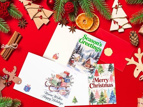 24 Pack Christmas Cards with Envelopes & Stickers, 8 Assorted Watercolor Multi-Color Foil Holiday Designs, 4.3x6.3" Bulk Christmas Cards with Messages Inside, 300gsm Thick Cardstock Boxed Christmas Greeting Cards Set in Saudi Arabia