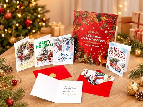 24 Pack Christmas Cards with Envelopes & Stickers, 8 Assorted Watercolor Multi-Color Foil Holiday Designs, 4.3x6.3" Bulk Christmas Cards with Messages Inside, 300gsm Thick Cardstock Boxed Christmas Greeting Cards Set in Saudi Arabia