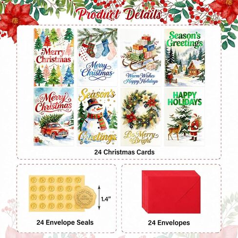 24 Pack Christmas Cards with Envelopes & Stickers, 8 Assorted Watercolor Multi-Color Foil Holiday Designs, 4.3x6.3" Bulk Christmas Cards with Messages Inside, 300gsm Thick Cardstock Boxed Christmas Greeting Cards Set in Saudi Arabia