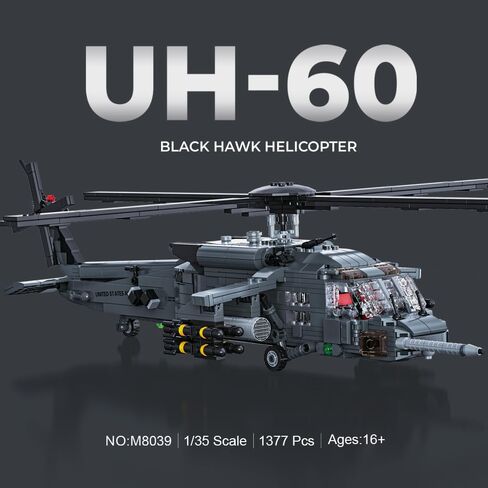 MISINI M8039 1:35 UH-60 Black Hawk Helicopter Building Blocks Set, Military Armed Helicopter Bricks Model Kit for Adults, Collectible Display Toy, Realistic Details, The Collector's Gift,1377 Pieces in Kuwait