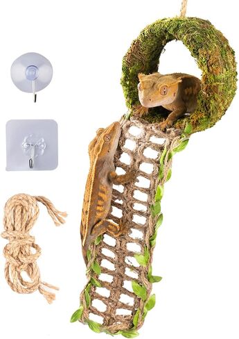 Crested Gecko Hide, Hanging Moss-Style Reptile Hideout with Rope Ladder, Crested Gecko Tank Accessories for Vertical Terrariums, 16 in Crested Gecko Decor & Gecko Tank Accessories in Saudi Arabia