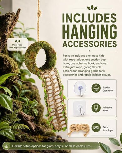 Crested Gecko Hide, Hanging Moss-Style Reptile Hideout with Rope Ladder, Crested Gecko Tank Accessories for Vertical Terrariums, 16 in Crested Gecko Decor & Gecko Tank Accessories in Saudi Arabia