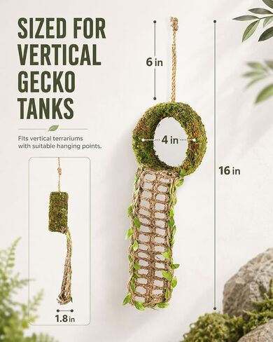 Crested Gecko Hide, Hanging Moss-Style Reptile Hideout with Rope Ladder, Crested Gecko Tank Accessories for Vertical Terrariums, 16 in Crested Gecko Decor & Gecko Tank Accessories in Saudi Arabia
