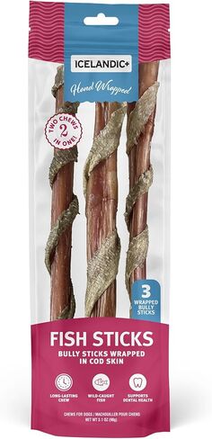 Icelandic+ 3 Pack 12" Hand-Wrapped Bully Sticks in Cod Skin Fish Dog Treats in Saudi Arabia