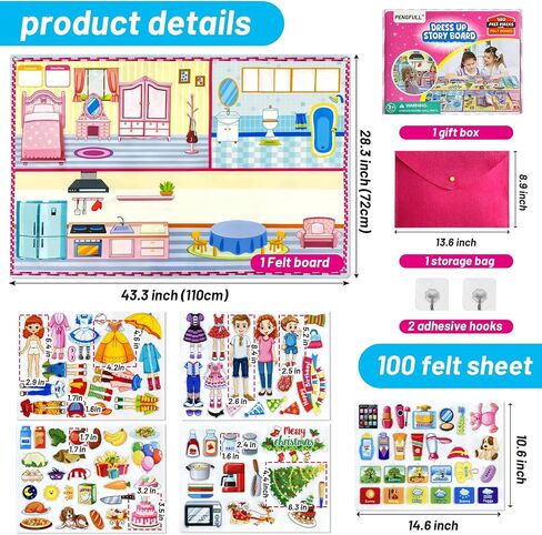 Dress Up Dolls Felt Story Board Set,44*28in Felt Board for Wall,100 Felt Pieces,Theme Busy Board Story Preschool Storytelling,Learning Interactive,for 3 years +,Gift for Toddlers Kids Children in Saudi Arabia