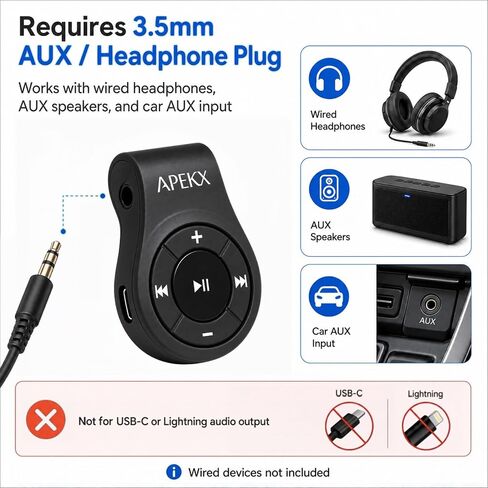 APEKX Clip Bluetooth Audio Adapter for Headphones, Headset, Speaker, Wireless Receiver with MIC for Hands-Free Call and Music in Kuwait
