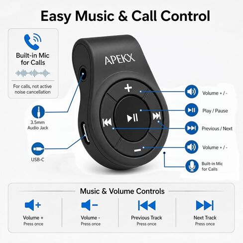 APEKX Clip Bluetooth Audio Adapter for Headphones, Headset, Speaker, Wireless Receiver with MIC for Hands-Free Call and Music in Kuwait