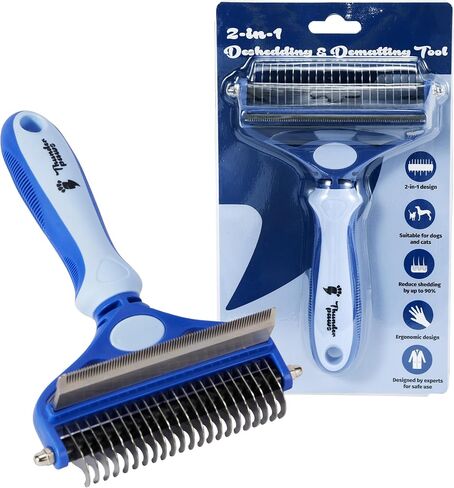 2-in-1 Deshedding Brush and Dematting Rake - Double Coat Undercoat Grooming Tool for Dogs and Cats, Reduces Shedding by Up to 95% (Electric Blue) in Kuwait