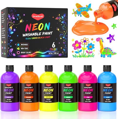 Smallbudi Neon Washable Paint Set for Kids 6 Colors, 4 Oz/120ml Glow Paint in Kuwait