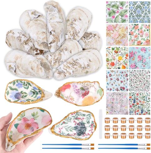 APUDWN 16 Set DIY Oyster Shells for Crafts 4-5 Inch Natural Flat Oyster Shell Kits with Holes Drilled Includes Chinoiserie Floral Decoupage Napkins Paints Twine Brushs for DIY Arts Hanging Ornaments in Saudi Arabia