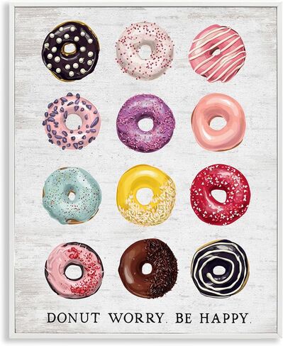 Stupell Industries Donut Worry Be Happy Pun Glazed Farmhouse Desserts, Designed by Lettered and Lined White Framed Wall Art, 11 x 14, Multi-Color in Kuwait