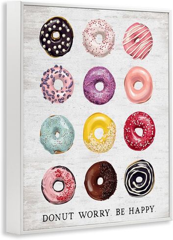 Stupell Industries Donut Worry Be Happy Pun Glazed Farmhouse Desserts, Designed by Lettered and Lined White Framed Wall Art, 11 x 14, Multi-Color in Kuwait