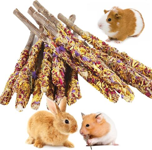 Abizoo Bunny Chew Toys for Rabbits,18PCS Natural Apple Wood Sticks with Petals Good for Chinchillas Guinea Pig Hamster Teeth Care, Bunny Small Pet Treats Teething Toys| Natural Organic Safe in Kuwait