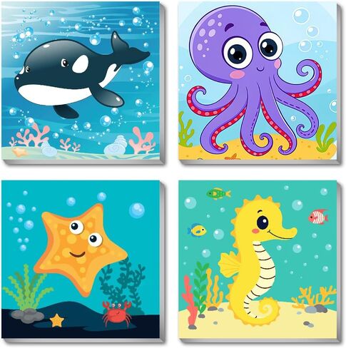 Canrichshop 4 Pack Framed Paint by Numbers Kit for Kids,Cute Sea Animals Painting Kits for Ages 4-6,Easy Paint by Number Kids Paint for Beginner,DIY Acrylic Oil Painting Kit for Wall Decor(8X8inch) in Kuwait