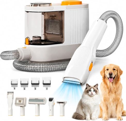 HAPOW Pet Grooming Vacuum Kit, 6-in-1 Dog Hair Grooming with Clippers and 10kPa Suction, Low Noise Vacuum, Detangling Brush Deshedding Brush 1.9L Dust Cup for Home Shedding & Trimming, White in Saudi Arabia