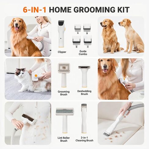 HAPOW Pet Grooming Vacuum Kit, 6-in-1 Dog Hair Grooming with Clippers and 10kPa Suction, Low Noise Vacuum, Detangling Brush Deshedding Brush 1.9L Dust Cup for Home Shedding & Trimming, White in Saudi Arabia