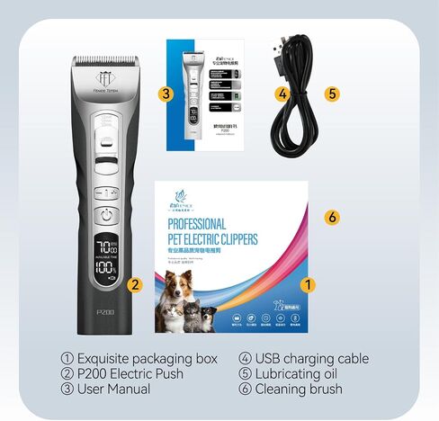 Professional Electric Dog Grooming Clippers, 5000mAh Battery, LCD Display, Type-C Charging, Silver P200 (Black, 5000mAh) in Kuwait