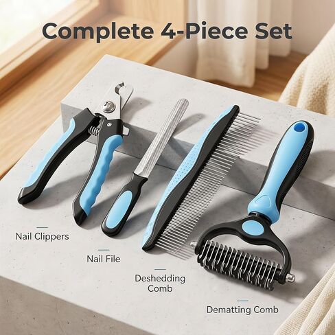 Pet Grooming Tools Kit for Dogs and Cats,4-in-One Home Pet Grooming Set,Includes Safety Scissors Set,Hair Removal Brush, Nail Clipper and File for Small Medium Large Dogs and Cats in Kuwait