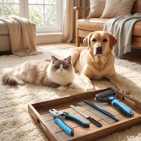 Pet Grooming Tools Kit for Dogs and Cats,4-in-One Home Pet Grooming Set,Includes Safety Scissors Set,Hair Removal Brush, Nail Clipper and File for Small Medium Large Dogs and Cats in Kuwait