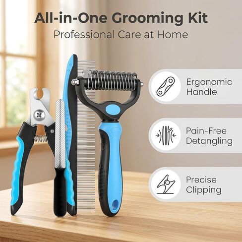 Pet Grooming Tools Kit for Dogs and Cats,4-in-One Home Pet Grooming Set,Includes Safety Scissors Set,Hair Removal Brush, Nail Clipper and File for Small Medium Large Dogs and Cats in Kuwait