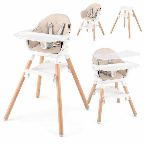 HONEY JOY Baby High Chair, 6 In 1 Convertible Wooden Highchair for Babies and Toddlers/Toddler Chair/Bar Stool, Removable Double Tray & Reversible Footrest, Safety Harness for Infant Boys Girls (Pink) in Kuwait