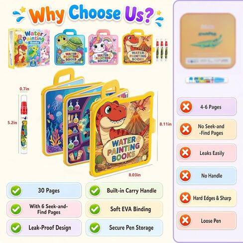 Hollyhi 30 Pages Reusable Water Coloring Books, 3 Pack Travel Toy for Kids in Kuwait