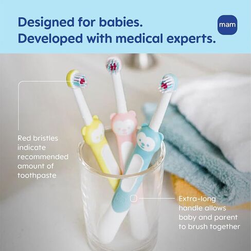 MAM Baby Toothbrushes (2 Baby's Brushes and 1 Safety Shield), Toothbrushes with Brushy the Bear Character, Interactive App, For Boys 6+ Months, Blue in Kuwait